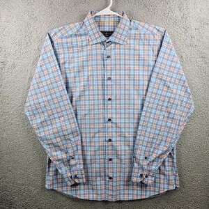 Robert Talbott Dress Shirt Men XL Tailored Button Long Sleeve Blue Orange Plaid